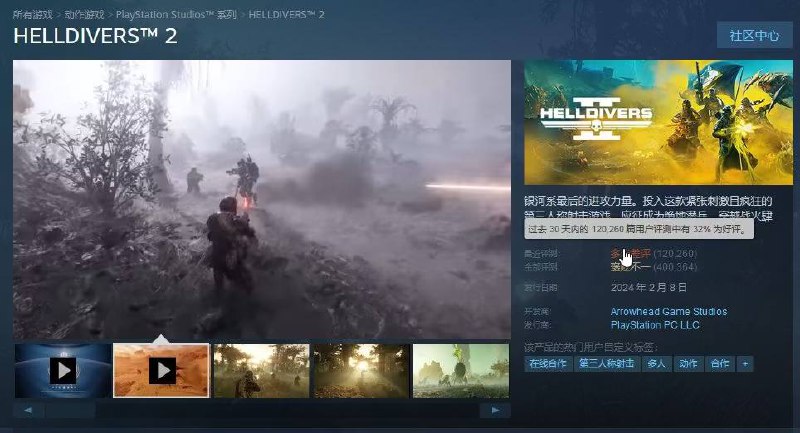 Steam为不满《地狱潜者2》绑定PSN账号政策的PC玩家提供特殊退款索尼SIE宣布《绝地潜兵2》PC版自5月30日起需强制绑定PSN账号，引发PC玩家不满，导致游戏两天内新增10.8万条差评