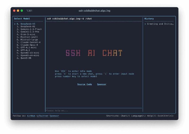 开源项目分享：SSH AI Chat  通过 SSH 终端与 AI 聊天使用 ssh username@chat.aigc.ing 即可体验，username 换成你的 GitHub 用户名