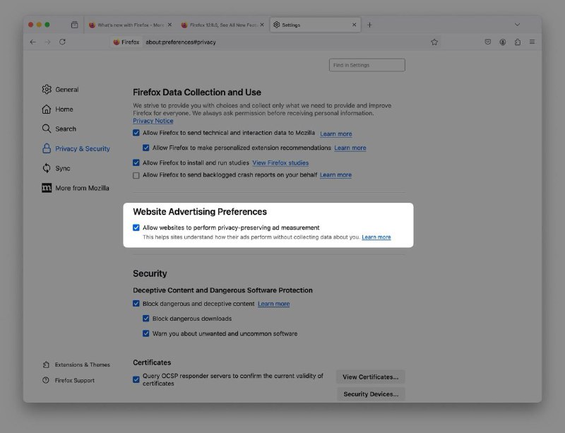 Firefox新功能引争议：隐私保护还是广告追踪？Mozilla在Firefox 128版本中加入了由Meta共同编写、专为广告行业设计的PPA API，这与Firefox首页宣称的“无阴暗隐私政策或广告商后门”相违背