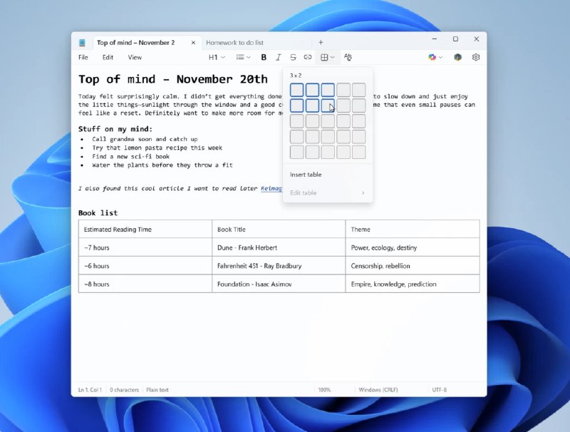  Windows 记事本新增表格功能和 AI 流式响应微软开始向 Windows 11 Canary 和 Dev 频道的 Windows Insider 用户推送记事本更新（版本 11.2510.6.0），新增两项重要功能