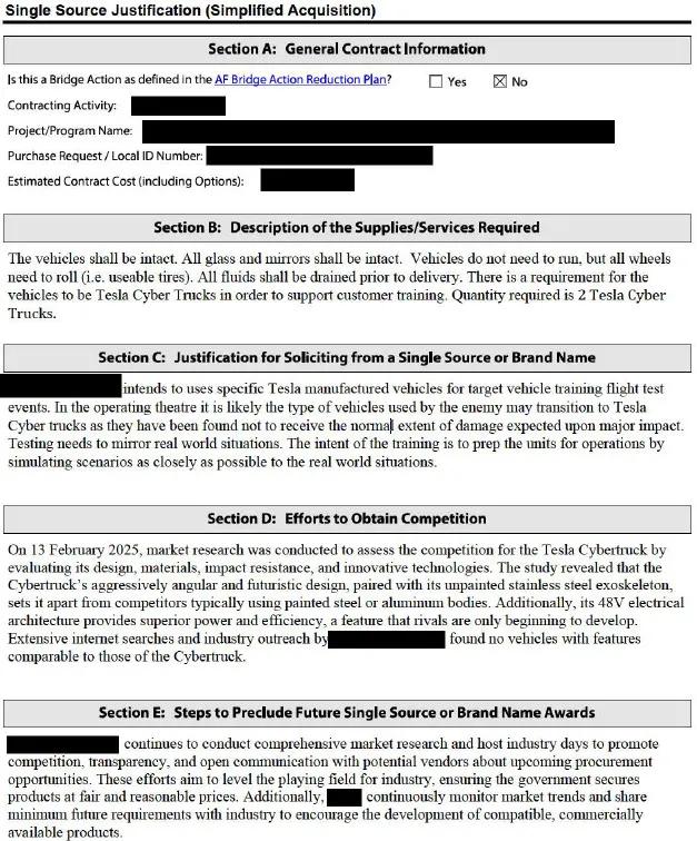 美空军采购特斯拉 Cybertruck 作导弹靶车美国空军测试中心近日发布采购文件，计划购买 2 辆特斯拉 Cybertruck 电动皮卡，专门用作精确制导武器的测试靶标