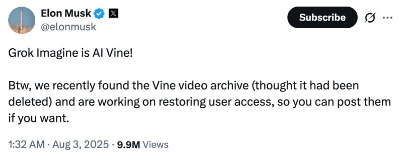 马斯克宣布Grok Imagine 正式推出，为Grok支持的文本转视频 AI 工具
