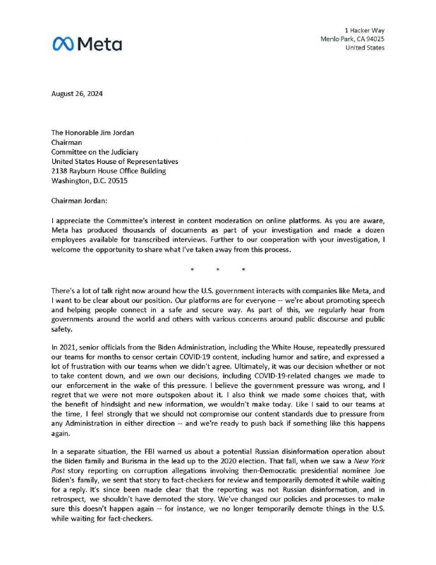 扎克伯格突然发布一篇公开信，揭露拜登政府屡次施压他们删帖压制舆论小互☘️ 关注频道 @ZaiHua📮 投稿爆料 @ZaiHuabot扎克伯格突然发布一篇公开信，揭露拜登政府屡次施压他们删帖压制舆论小互☘️ 关注频道 @ZaiHua📮 投稿爆料 @ZaiHuabot