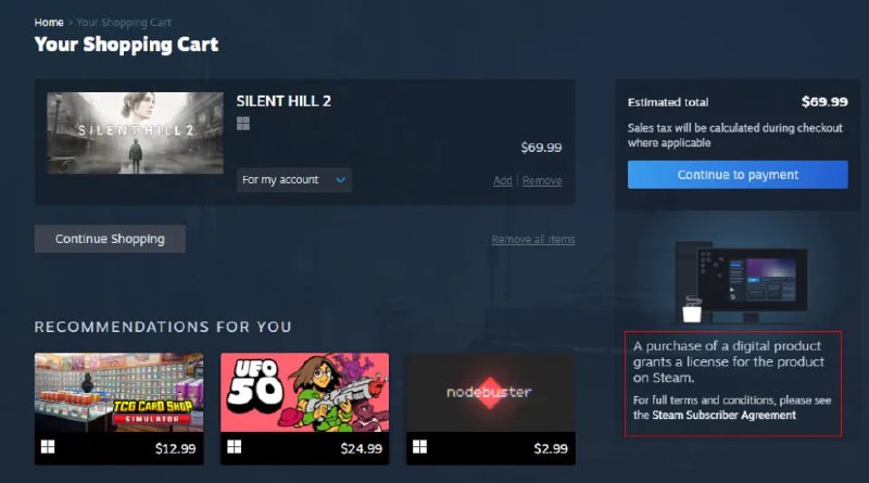 在Steam上购买游戏已经被明确为"购买许可证"在 Steam 上购买游戏，"继续付款"按钮的右下方，现在有一条小信息解释了您要购买的实际内容