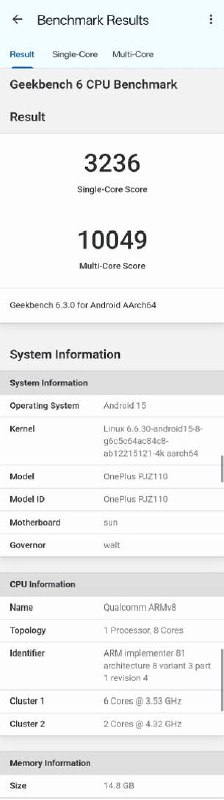 首台骁龙8 Gen4跑分出炉搭载机型为一加13，GeekBench 6骁龙8 Gen4单核3236，多核10049