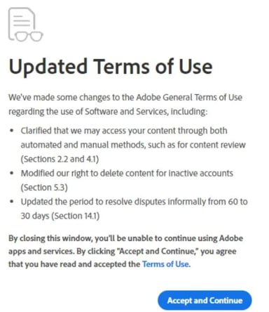 Adobe要求用户所有项目可访问并用于训练AI和内容审查Adobe 表示，其新条款“明确规定我们可以通过自动和手动方式访问您的内容，例如进行内容审查
