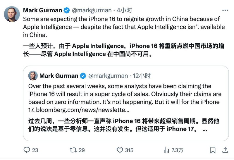 Mark Gurman：即将发布的iPhone 16可能凭借Apple Intelligence功能重振苹果在中国市场的增长
