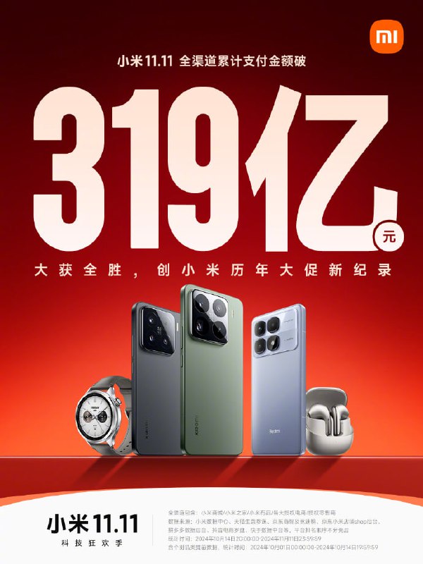 小米双 11 全渠道累计支付金额破 319 亿元，创小米历年大促新纪录小米今日凌晨发布“战报”：截至 11 月 11 日 23:59:59，小米双 11 全渠道累计支付金额破 319 亿元，创小米历年大促新纪录
