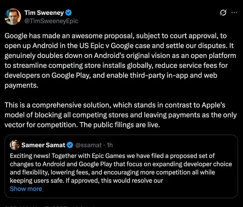  Epic Games 与 Google 达成和解协议，将在全球范围内改革 Android 应用商店Epic Games 与 Google 周二宣布达成全面和解协议，结束了 Epic 于 2020 年发起的反垄断诉讼