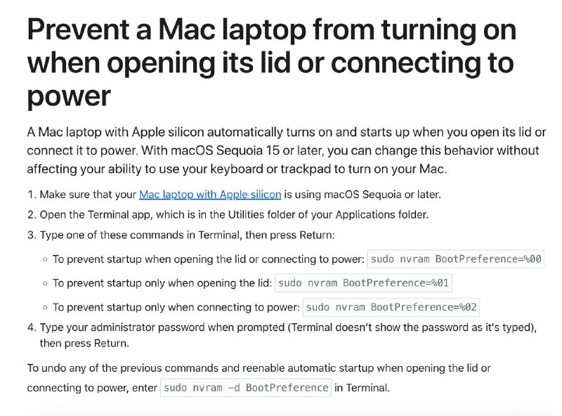 苹果官方发布指南：如何禁用 MacBook 自动开机功能根据苹果的说明，这一操作主要针对使用 Apple Silicon 芯片的 Mac 笔记本电脑，并且需要运行 macOS Sequoia 或更高版本