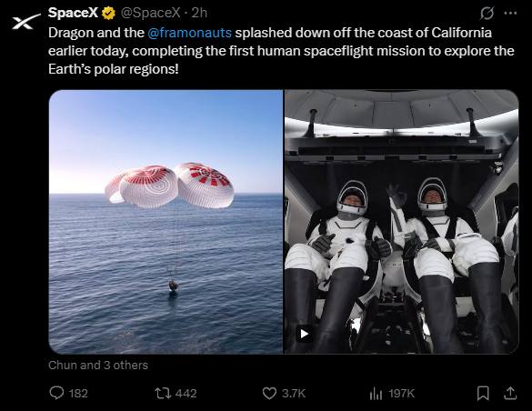 SpaceX团队完成人类首次载人环绕地球两极飞行任务SpaceX团队完成人类首次载人围绕地球两极飞行任务，4名宇航员搭乘龙飞船成功降落太平洋