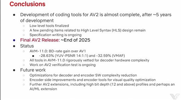 AV2 视频编码标准即将发布：码率比 AV1 降低 30% 画质不变开放多媒体联盟（AOM）正在制定的新一代视频编码标准 AV2 预计今年底正式发布