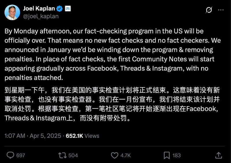 Meta将在美国终止事实核查计划 正式进入后真相时代Meta政策主管Joel Kaplan宣布，公司将于本周一4月7日正式终止在美国境内的事实核查项目，Facebook、Instagram和Threads平台将不再进行内容真实性验证