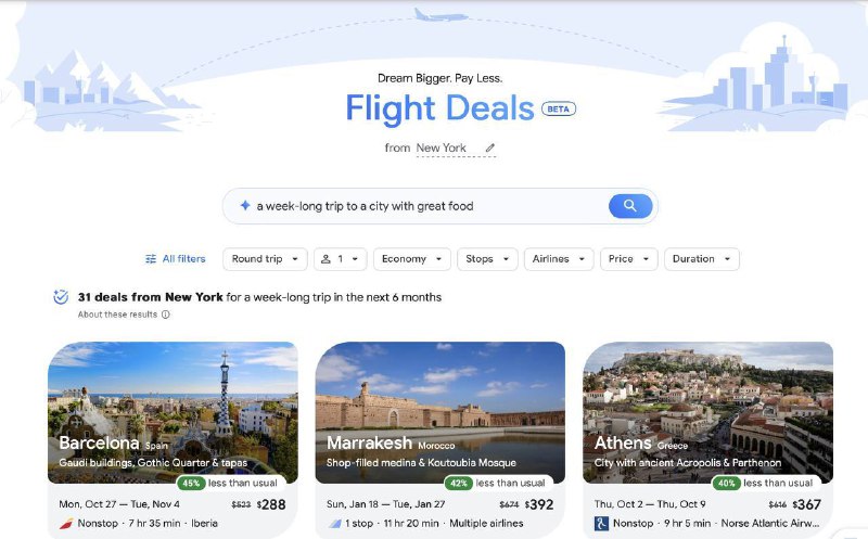 Google Flights 推出 AI 旅行目的地推荐工具Google 于 8 月 15 日宣布，在其机票预订服务 Google Flights 中测试全新 AI 驱动的“Flight Deals”功能