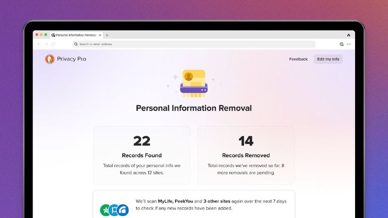 DuckDuckGo推出Privacy Pro订阅，包含VPN、个人信息删除和身份盗窃恢复功能VPN服务：最多可在5台设备上同时运行；个人信息删除：从存储和销售个人信息的数据代理网站上查找并删除个人详细信息，有助于打击身份盗窃和垃圾邮件；身份盗窃恢复：如果用户账户被盗，DuckDuckGo专职顾问将帮助恢复被盗帐户，协助追回由此造成的财务损失，并帮助更正用户信用报告