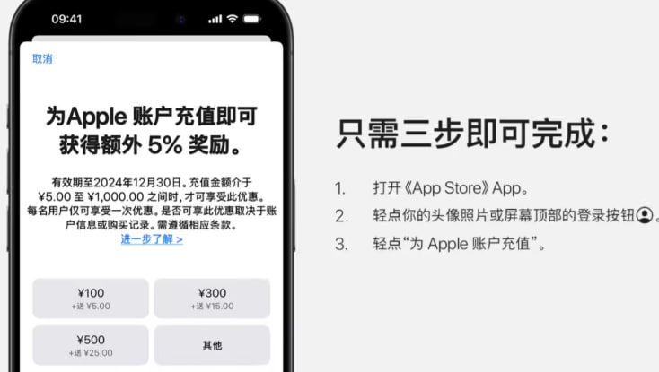 苹果 App Store 账户充值限时可得 5% 额外奖励，12 月 30 日截止即日起至2024 年 12 月 30 日，苹果用户直接在 App Store 为 Apple 账户充值，即可获得额外 5% 奖励