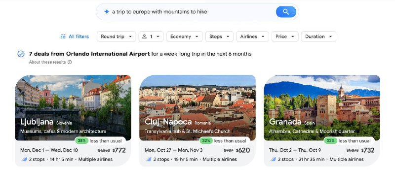 Google Flights 推出 AI 旅行目的地推荐工具Google 于 8 月 15 日宣布，在其机票预订服务 Google Flights 中测试全新 AI 驱动的“Flight Deals”功能