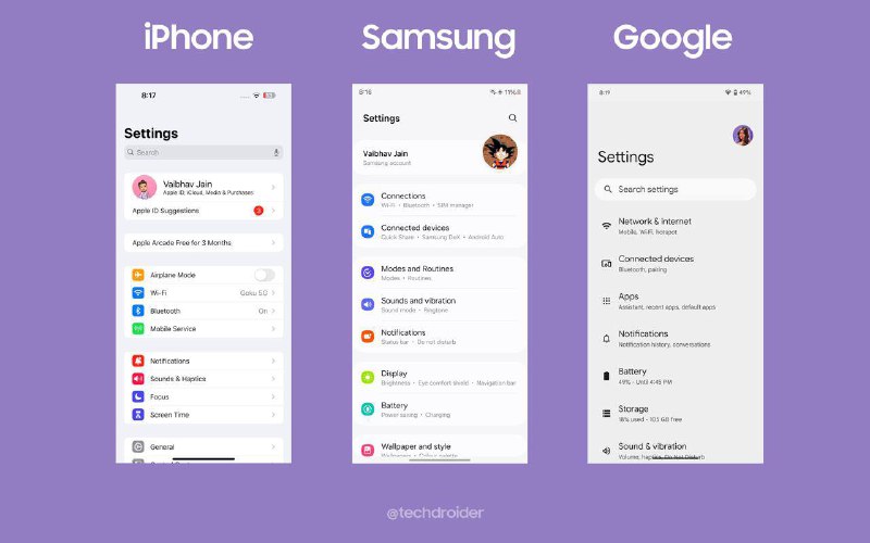 苹果 iOS vs 三星 OneUI vs 谷歌 Android 15 - 设置应用界面