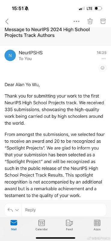 人大附高中生获NeurIPS Spotlight Project 项目涉及盲文到汉语转换北京市后备人才计划人大附中吴悠同学论文Vision-Braille: An End-to-End Tool for Chinese Braille Image-to-Text Translation中了机器学习顶会第一届NeurIPS 高中生 track，而且被选为“Spotlight Project”