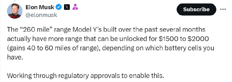 特斯拉Model Y“260英里”版可通过支付1500至2000美元解锁更多续航里程特斯拉CEO埃隆·马斯克宣布，近期生产的Model Y“260英里”版实际续航里程超出标称值，用户可通过支付额外费用解锁额外的40至60英里续航