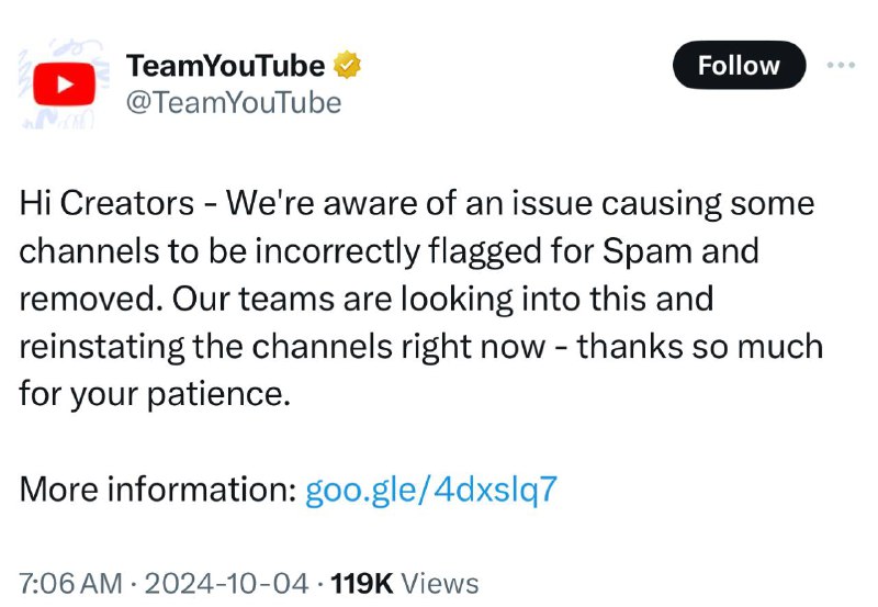 YouTube错误标记部分频道并将其删除YouTube确认一些频道被spam并被删除，公司正在恢复这些受到影响的频道