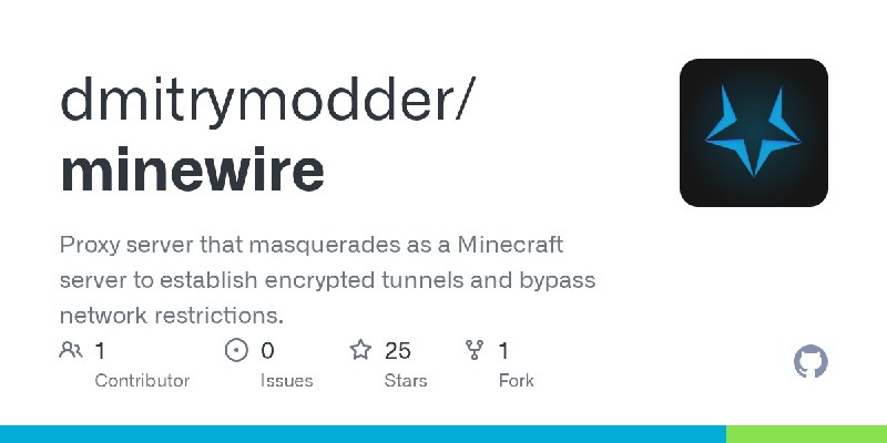 开源工具 Minewire 伪装成 Minecraft 服务器建立加密隧道Minewire 是一款伪装成 Minecraft 服务器的开源代理工具，用于建立加密隧道、绕过网络限制，由 Dmitrymodder 使用 Go 语言开发