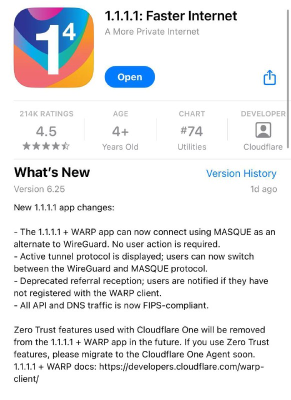 CloudFlare Warp现可选MASQUE协议，部分地区可正常连接MASQUE通过扩展HTTP/3和QUIC协议的功能，使用标准的HTTP/3 443端口进行通信，使WARP流量类似于HTTPS，从而避免防火墙检测和阻止