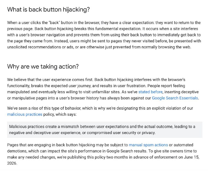  谷歌搜索将打击“后退按钮劫持”行为，违规站点或被降权谷歌搜索（Google Search）近日更新反垃圾内容政策，将“后退按钮劫持”（Back button hijacking）列为恶意违规行为