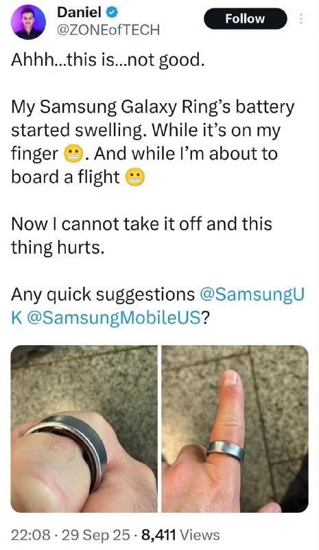 三星 Galaxy Ring 电池膨胀致用户被拒登机科技博主 Daniel 在社交媒体上分享了一起严重的智能设备安全事故