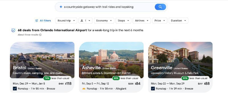 Google Flights 推出 AI 旅行目的地推荐工具Google 于 8 月 15 日宣布，在其机票预订服务 Google Flights 中测试全新 AI 驱动的“Flight Deals”功能