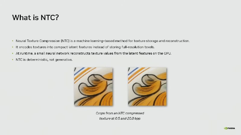  英伟达展示 NTC 纹理压缩技术：显存占用暴降 85%，画质近乎无损英伟达（NVIDIA）在 GTC 2026 大会上再次展示了其“神经纹理压缩”（Neural Texture Compression，简称 NTC）技术