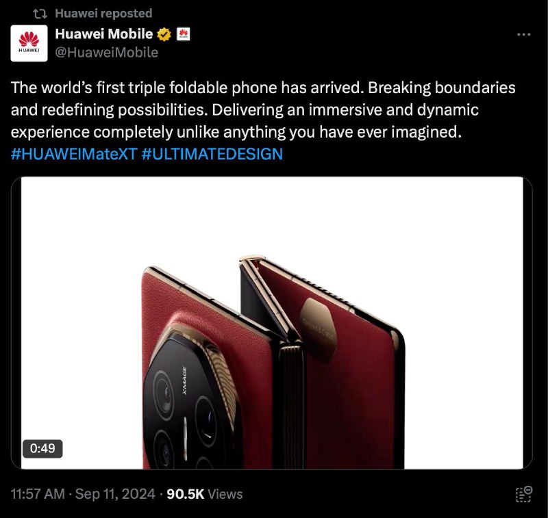 华为官方 YouTube 频道发布 Mate XT 非凡大师宣传视频，暗示全球发售华为旗下首款三折叠手机 Mate XT 非凡大师在国内发布后，一直没有关于其是否会在全球市场推出的消息
