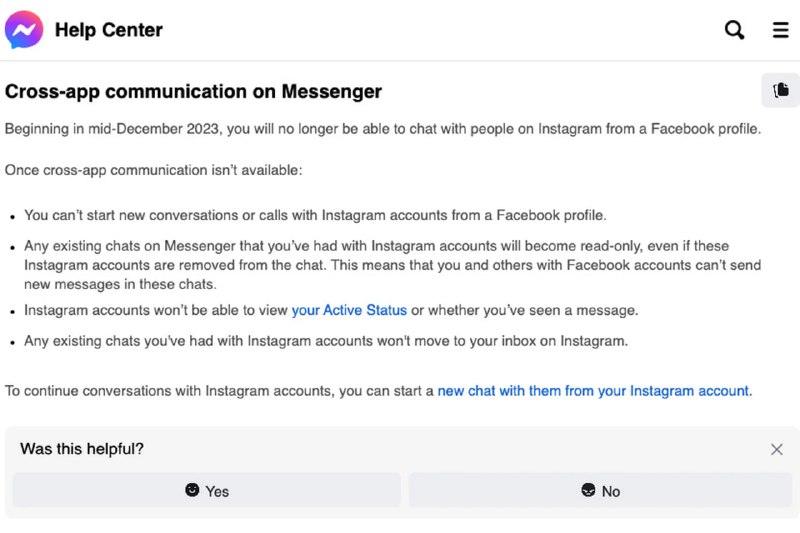 Instagram和Facebook的消息互通功能即将停用从12月中旬开始，Instagram和Facebook的消息服务将不再互通，届时用户将无法开启新的跨平台聊天，现有的跨平台对话将进入只读模式