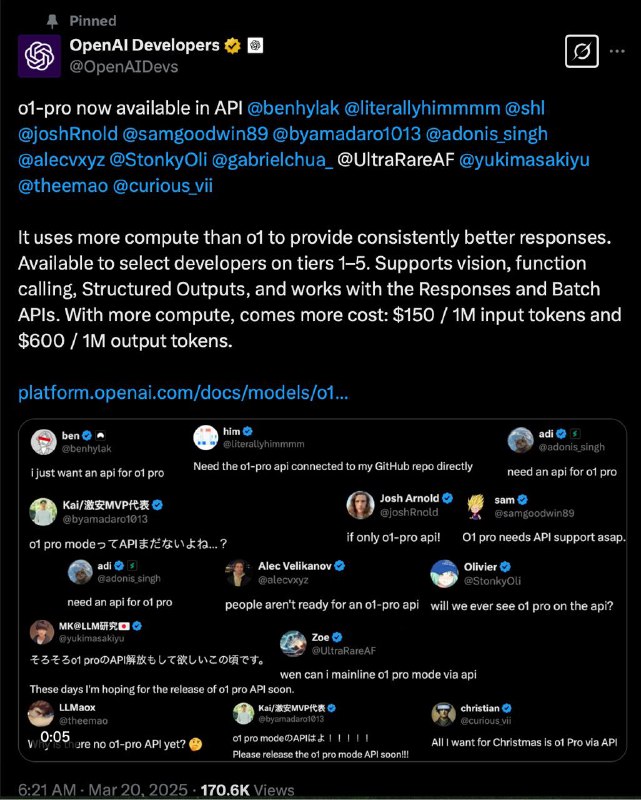 OpenAI 推出 o1-pro 开发者 API，每 100 万 tokens输入价格为 150 美元；每 100 万 tokens 输出价格为 600 美元