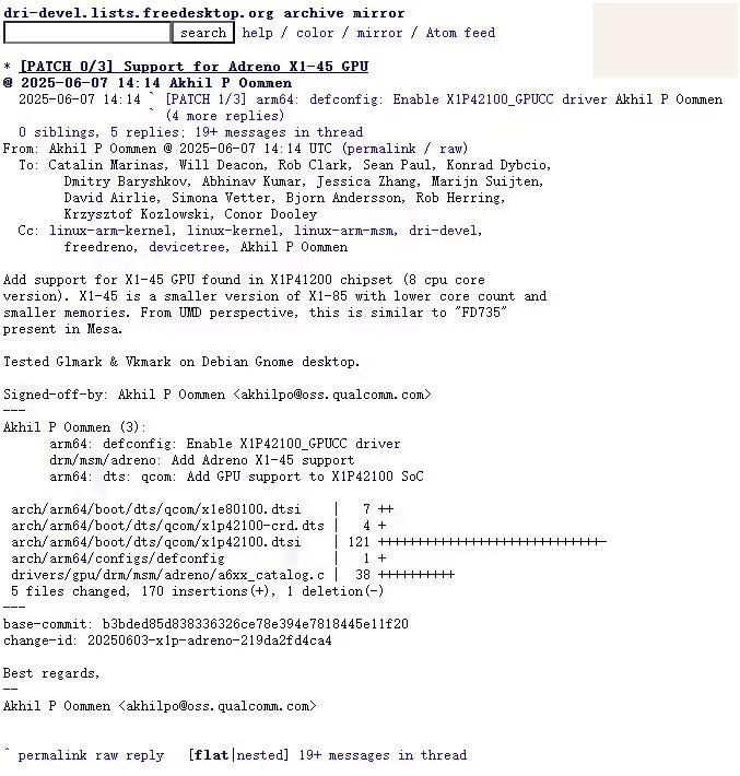 Linux 6.18 内核将新增高通 Adreno X1-45 GPU 驱动支持高通 Adreno X1-45 GPU 开源驱动支持已基本准备就绪，有望在即将发布的 Linux 6.18 内核周期中合并