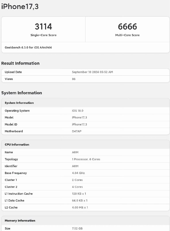 iPhone16 A18首个跑分出炉A18主频4.04GHz，单核3.1K/多核6.6K，同时可以确认运行内存为8GB