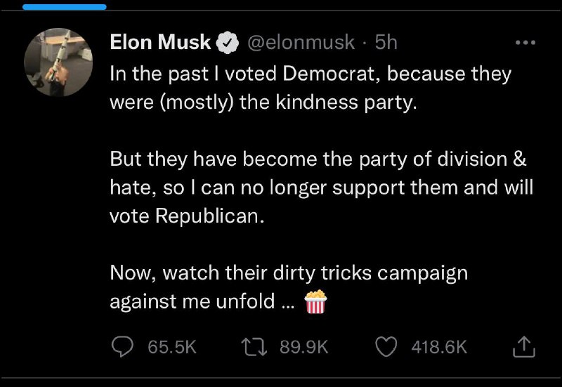 Elon musk 牛逼优质翻译:以前,我tm投给民主党,是因为觉得他们还不错.可是现在他们把美国搞成只有分裂和仇恨.所以我tm不会再投他们了.你们看 他们现在要搞我来了.频道投稿：@zaihuabot交流群组：@zaihuachat花花优券：@zaihuatb
