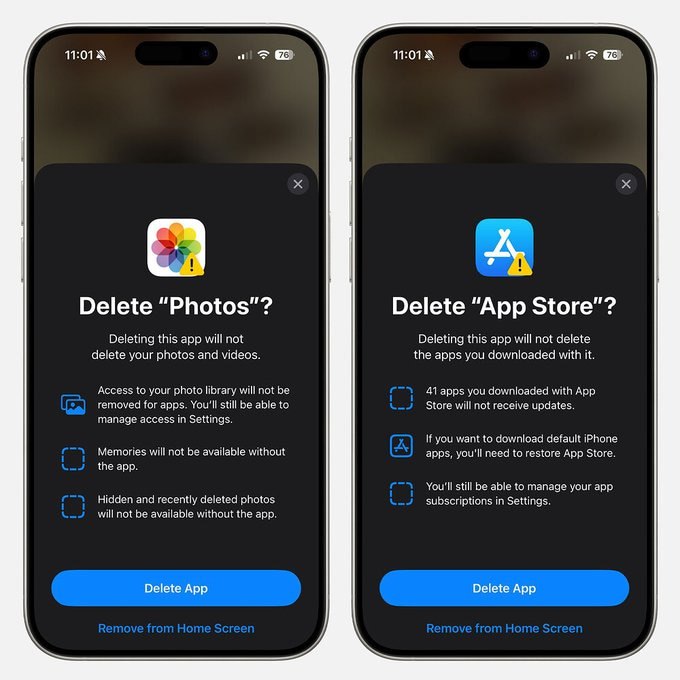 苹果响应欧盟新规，iOS 18.2 现支持删除更多预装应用，全球都可以设置默认应用iOS 此前已支持删除计算器、日历、音乐和备忘录等原生应用，在最新 iOS 18.2 Beta 1 内，增加了支持删除 App Store、相机、Safari、信息和照片