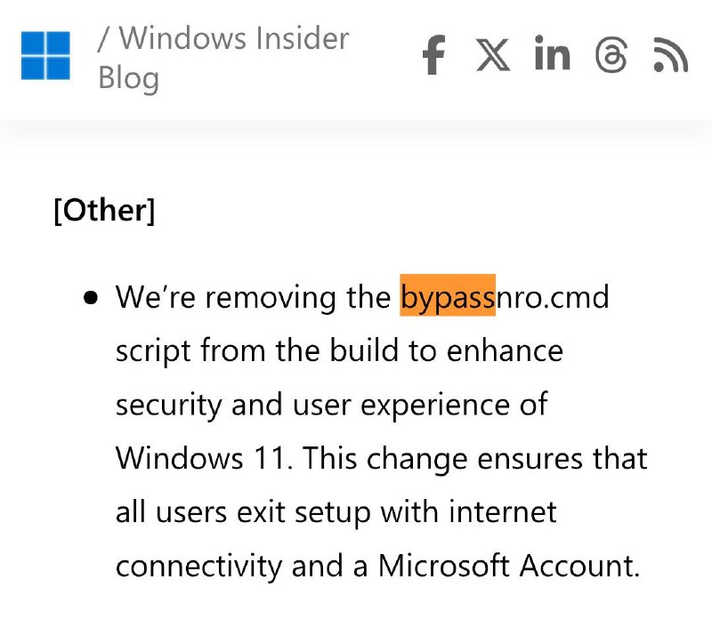 微软承认移除 OOBE bypassnro 脚本，强制要求 Win11 设备联网激活微软今天发布了最新的 Build 26200.5516 和 26120.3653 预览版更新，并移除了上述脚本 ——bypassnro.cmd，这意味着微软在强制要求 Windows 11 设备联网激活方面不再留有余地