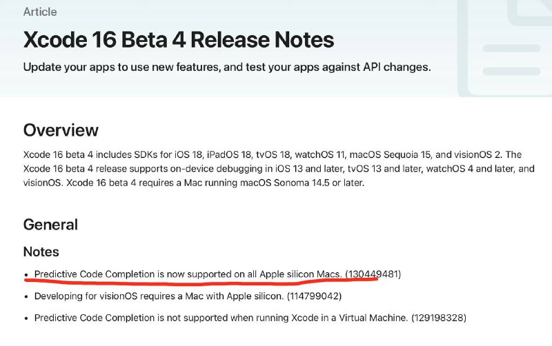 Xcode AI 代码补全功能现可以在 8G 内存 Mac 上运行补充：国行机器即使代理环境依然不支持Developer.apple☘️ 关注频道 @ZaiHuaPd📮 投稿爆料 @ZaiHuabot