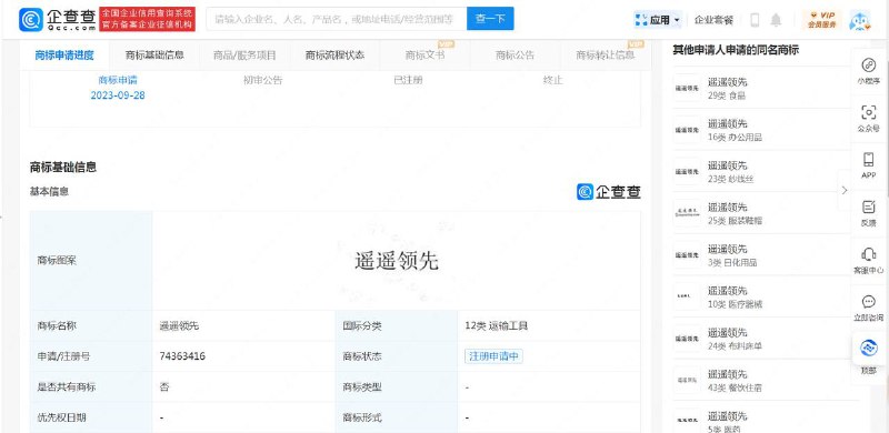 华为申请“遥遥领先”商标！近日，华为技术有限公司申请注册“遥遥领先”商标，国际分类为运输工具、科学仪器，当前商标状态为等待实质审查