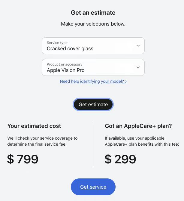 苹果公布Vision Pro维修费用根据苹果Vision Pro维修服务网页，目前服务类型仅包括“玻璃盖板损坏”和“其他损坏”两项