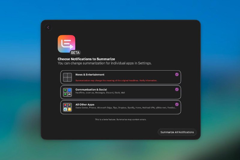 Apple Intelligence 新闻摘要推送功能重新上线 新增醒目免责声明Apple 今日发布 iOS 26、iPadOS 26 和 macOS 26 第四个开发者测试版，重新上线 Apple Intelligence 新闻摘要推送功能