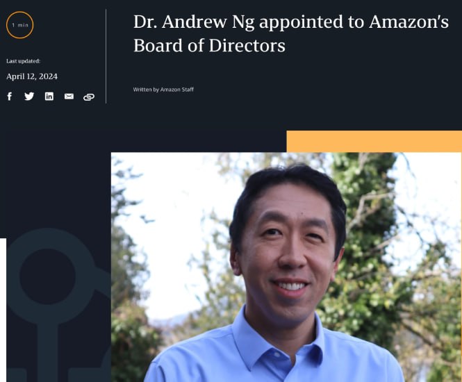 AI 大牛吴恩达官宣加入亚马逊董事会亚马逊表示吴恩达博士是人工智能和教育领域的全球领导者，为一系列新兴技术带来了深刻的见解
