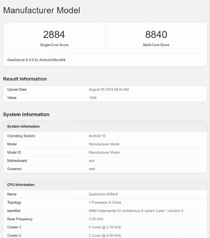 骁龙8Gen4 Geekbench6跑分成绩出炉单核2884，多核8840，2+6，Oryon核心，目前的测试频率4.09GHz+2.78GHz组合