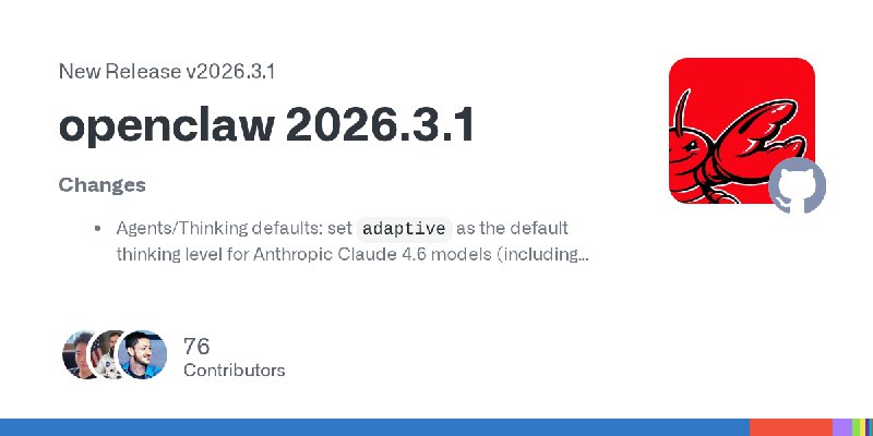 OpenClaw 发布 2026.3.1 版本，新增健康检查端点与多端功能更新OpenClaw 发布 2026.3.1 版本，默认将 Anthropic Claude 4.6 的 thinking 级别设为 adaptive ，并为 Docker 与 Kubernetes 增加 /health 、/healthz 、/ready 、/readyz 等 HTTP 存活与就绪探针端点
