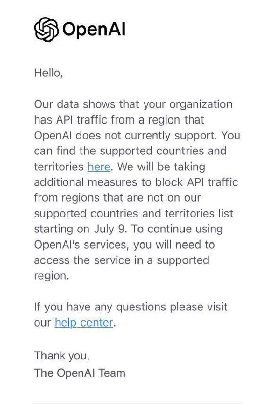 OpenAI将终止对部分地区提供API服务