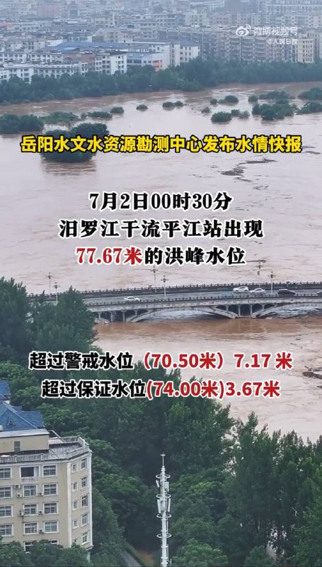 汨罗江平江站现1954年以来最高水位6月18日8时至昨天20时，湖南省岳阳市平江县遭遇有气象记录以来持续时间最长、强度最大、雨量最多的一次汛情