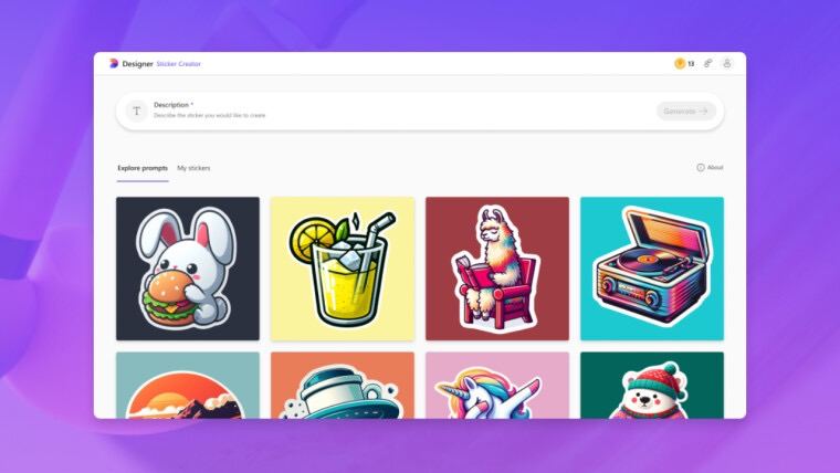 Microsoft允许用户自行创建贴纸图案Microsoft人工智能图像编辑器Microsoft Designer现允许用户创建贴纸——你可以从头开始制作贴纸或使用设计师提供的可定制图案