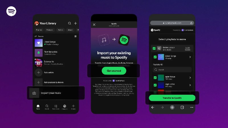 Spotify上线音乐库导入工具 支持多平台无限制迁移Spotify宣布与第三方服务TuneMyMusic合作，在移动端应用集成音乐库导入功能，用户可从Apple Music、Amazon Music、YouTube Music等多个流媒体平台，一键导入音乐库及播放清单